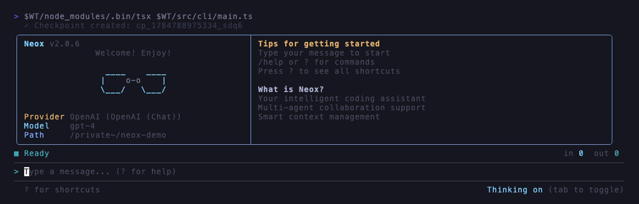 Neox CLI Ink dual-pane screenshot