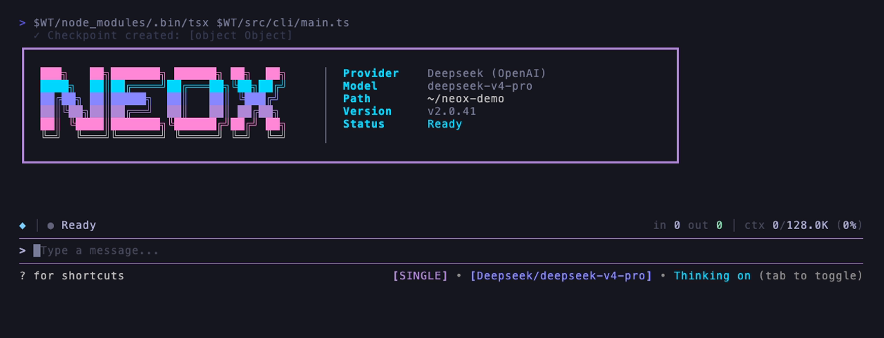 Neox CLI pink-cyan NEOX timeline screenshot