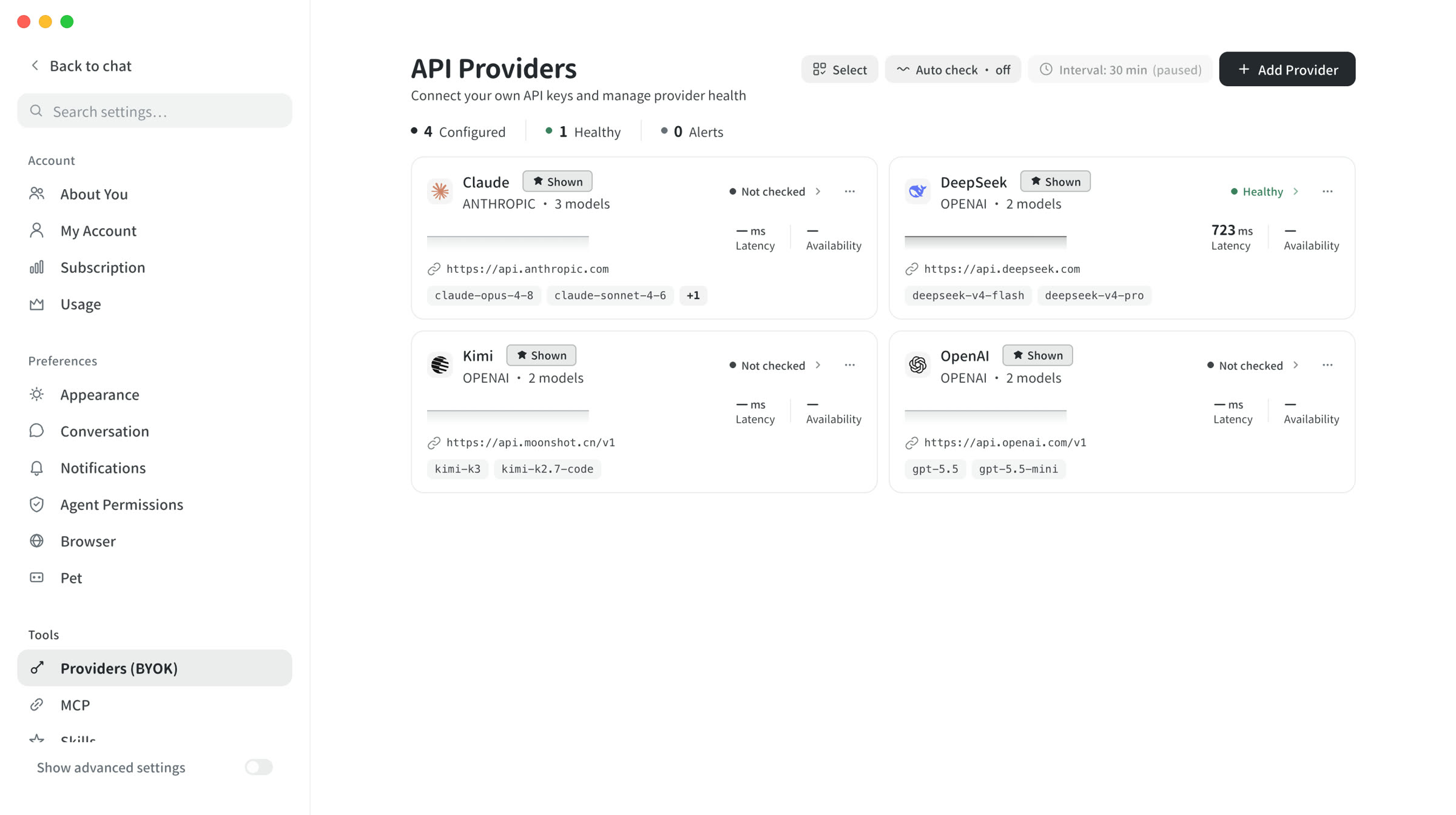 Neox BYOK provider management screenshot